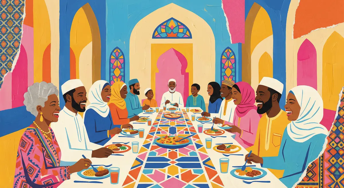 Ramadan iftar gathering illustration